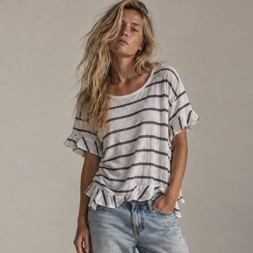 Chaser Cotton Gauze Stripe Ruffle Sleeve Asymmetrical Split Back Top Sz S